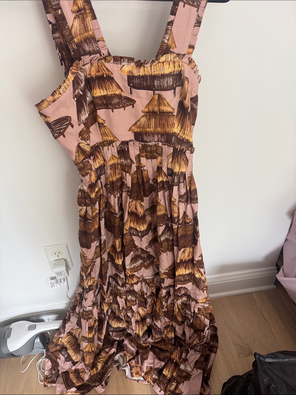 FARM Rio Pink Maxi Dress with Brown & Gold Straw Hut Print